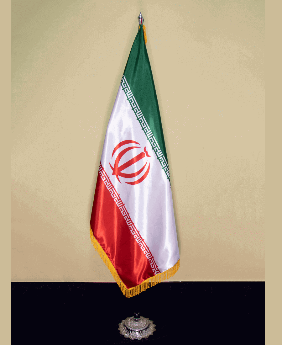 پرچم تشریفات ایران ساتن امریکایی با پایه پنجه شیری ممتاز طلایی